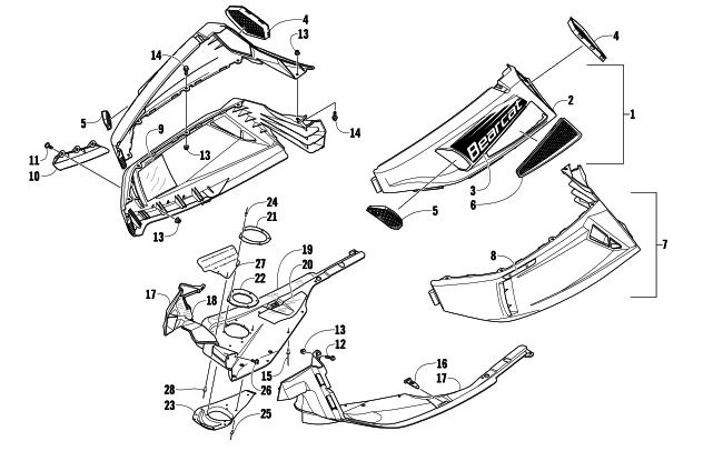 Parts Diagram for Arctic Cat 2009 BEARCAT 570 SNOWMOBILE SKID PLATE AND SIDE PANEL ASSEMBLY