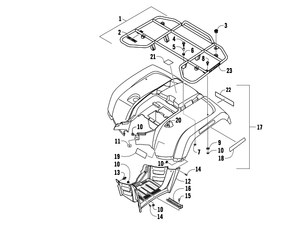 Parts Diagram for Arctic Cat 2009 500 4X4 MANUAL ATV REAR RACK, BODY PANEL, AND FOOTWELL ASSEMBLY