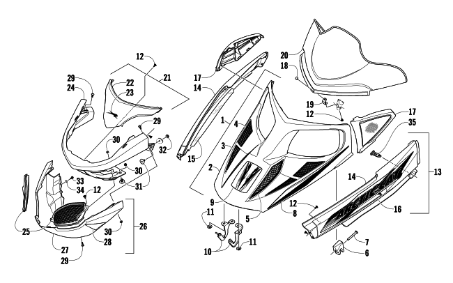 Parts Diagram for Arctic Cat 2009 F5 EFI LXR SNOWMOBILE HOOD, WINDSHIELD, AND FRONT BUMPER ASSEMBLY