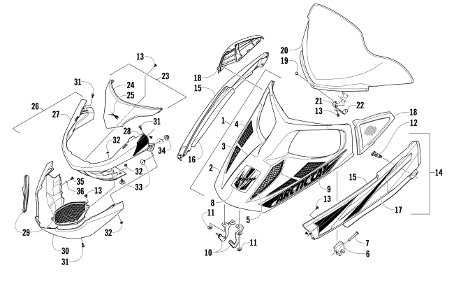 Parts Diagram for Arctic Cat 2009 T500 TOURING SNOWMOBILE HOOD, WINDSHIELD, AND FRONT BUMPER ASSEMBLY