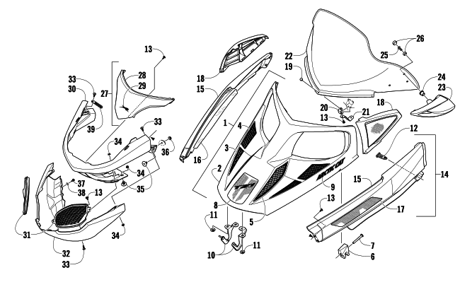 Parts Diagram for Arctic Cat 2009 TZ1 TOURING LXR SNOWMOBILE HOOD, WINDSHIELD, AND FRONT BUMPER ASSEMBLY