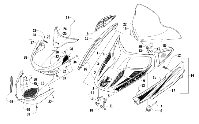 Parts Diagram for Arctic Cat 2009 TZ1 TOURING SNOWMOBILE HOOD, WINDSHIELD, AND FRONT BUMPER ASSEMBLY