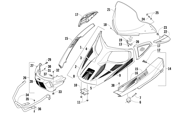 Parts Diagram for Arctic Cat 2009 Z1 BEARCAT XT SNOWMOBILE HOOD, WINDSHIELD, AND FRONT BUMPER ASSEMBLY