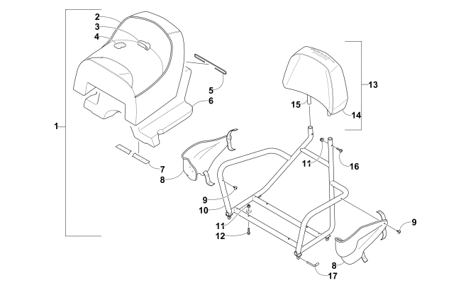 Parts Diagram for Arctic Cat 2009 BEARCAT 570 XT SNOWMOBILE PASSENGER SEAT AND BACKREST ASSEMBLY