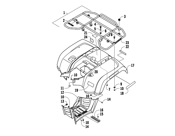 Parts Diagram for Arctic Cat 2009 700 H1 EFI 4X4 AUTOMATIC MUD PRO ATV REAR RACK, BODY PANEL, AND FOOTWELL ASSEMBLIES