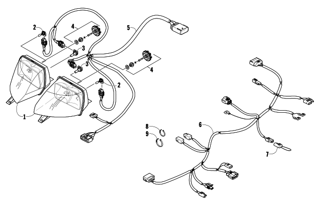 Parts Diagram for Arctic Cat 2009 BEARCAT 570 LONG TRACK SNOWMOBILE HEADLIGHT AND WIRING ASSEMBLIES