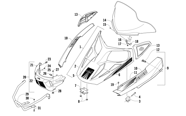 Parts Diagram for Arctic Cat 2009 BEARCAT 570 XT SNOWMOBILE HOOD, WINDSHIELD, AND FRONT BUMBER ASSEMBLY