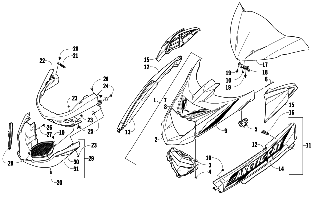 Parts Diagram for Arctic Cat 2009 Z1 TURBO LXR SNOWMOBILE HOOD, WINDSHIELD, AND FRONT BUMPER ASSEMBLY