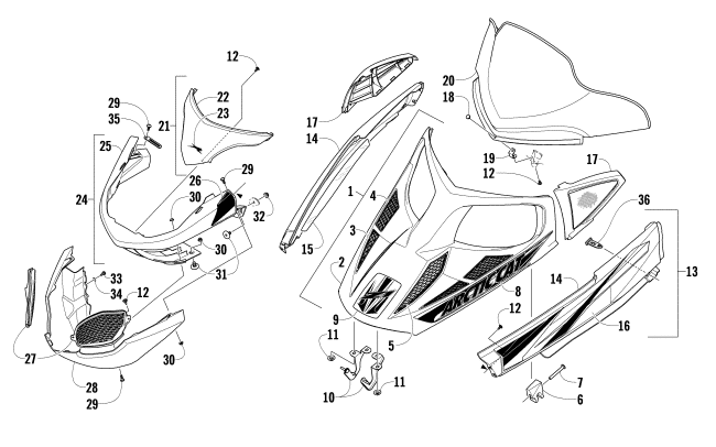 Parts Diagram for Arctic Cat 2009 Z1 1100 EFI SNOWMOBILE HOOD, WINDSHIELD, AND FRONT BUMPER ASSEMBLY