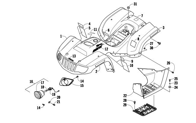 Parts Diagram for Arctic Cat 2010 90 2X4 UTILITY ATV BODY PANEL AND HEADLIGHT ASSEMBLY