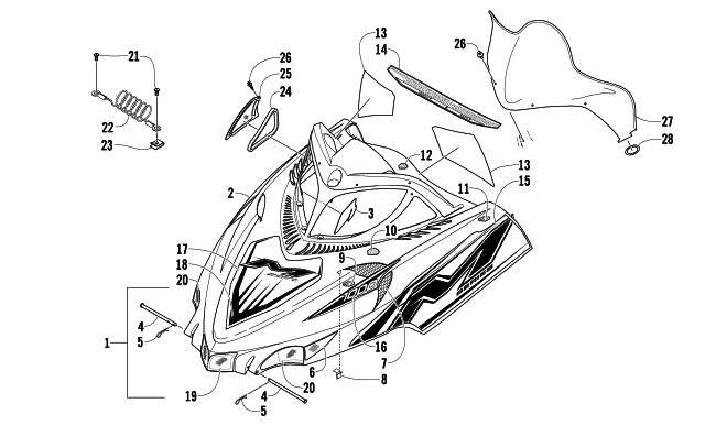 Parts Diagram for Arctic Cat 2010 M1000 162 SNO PRO SNOWMOBILE HOOD AND WINDSHIELD ASSEMBLY