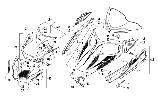 Parts Diagram for Arctic Cat 2010 F8 EFI SNOWMOBILE HOOD, WINDSHIELD, AND FRONT BUMPER ASSEMBLY