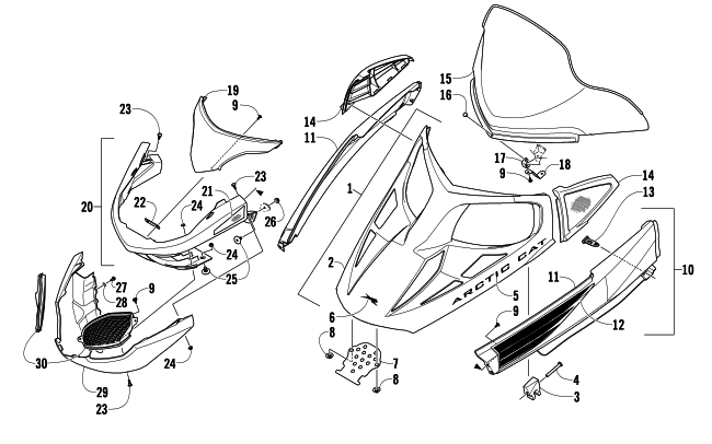 Parts Diagram for Arctic Cat 2010 T570 TOURING SNOWMOBILE HOOD, WINDSHIELD, AND FRONT BUMBER ASSEMBLY