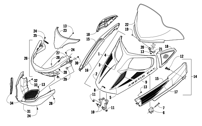 Parts Diagram for Arctic Cat 2010 TZ1 TOURING SNOWMOBILE HOOD, WINDSHIELD, AND FRONT BUMPER ASSEMBLY