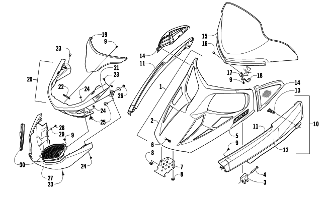 Parts Diagram for Arctic Cat 2010 BEARCAT 570 LONG TRACK SNOWMOBILE HOOD, WINDSHIELD, AND FRONT BUMBER ASSEMBLY