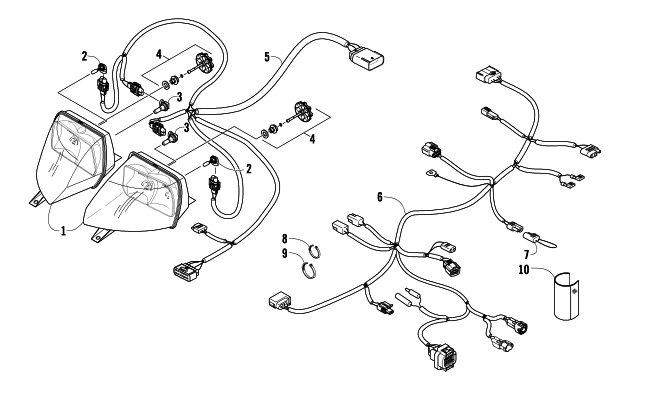 Parts Diagram for Arctic Cat 2010 BEARCAT 570 LONG TRACK SNOWMOBILE HEADLIGHT AND WIRING ASSEMBLIES