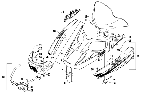 Parts Diagram for Arctic Cat 2010 BEARCAT 570 XT SNOWMOBILE HOOD, WINDSHIELD, AND FRONT BUMBER ASSEMBLY