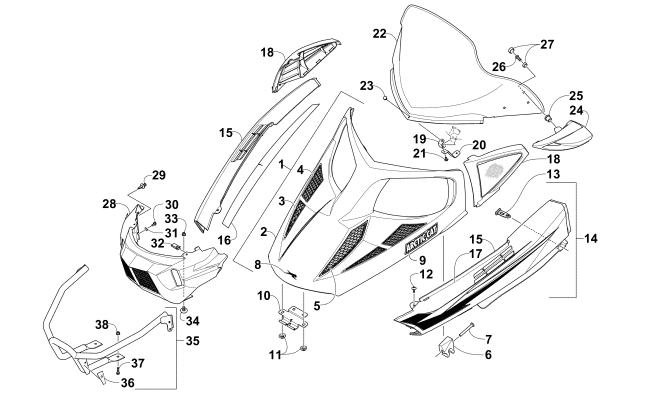 Parts Diagram for Arctic Cat 2010 BEARCAT Z1 XT SNOWMOBILE HOOD, WINDSHIELD, AND FRONT BUMPER ASSEMBLY