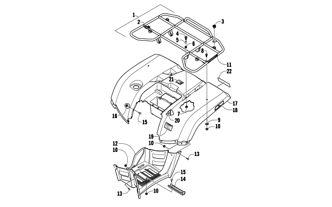 Parts Diagram for Arctic Cat 2010 650 4X4 AUTOMATIC ATV REAR RACK, BODY PANEL, AND FOOTWELL ASSEMBLIES