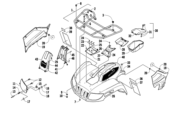 Parts Diagram for Arctic Cat 2010 700 H1 EFI 4X4 AUTOMATIC MUD PRO ATV FRONT RACK, BODY PANEL, AND HEADLIGHT ASSEMBLIES