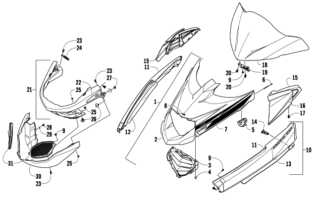 Parts Diagram for Arctic Cat 2010 Z1 TURBO EXT SNOWMOBILE HOOD, WINDSHIELD, AND FRONT BUMPER ASSEMBLY