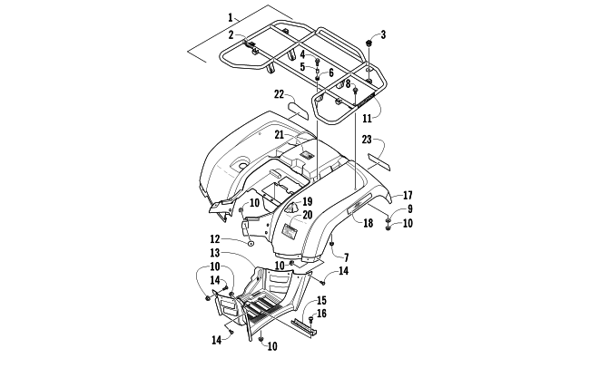 Parts Diagram for Arctic Cat 2010 700s H1 EFI LE ATV REAR RACK, BODY PANEL, AND FOOTWELL ASSEMBLIES