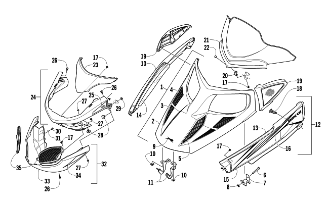 Parts Diagram for Arctic Cat 2011 F5 LXR SNOWMOBILE HOOD, WINDSHIELD, AND FRONT BUMPER ASSEMBLY