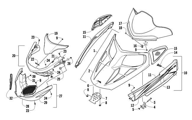 Parts Diagram for Arctic Cat 2011 F570 SNOWMOBILE HOOD, WINDSHIELD, AND FRONT BUMPER ASSEMBLY