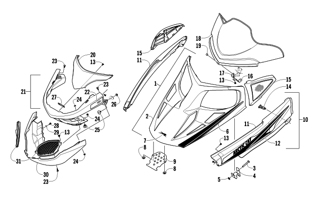 Parts Diagram for Arctic Cat 2011 T570 TOURING SNOWMOBILE HOOD, WINDSHIELD, AND FRONT BUMBER ASSEMBLY