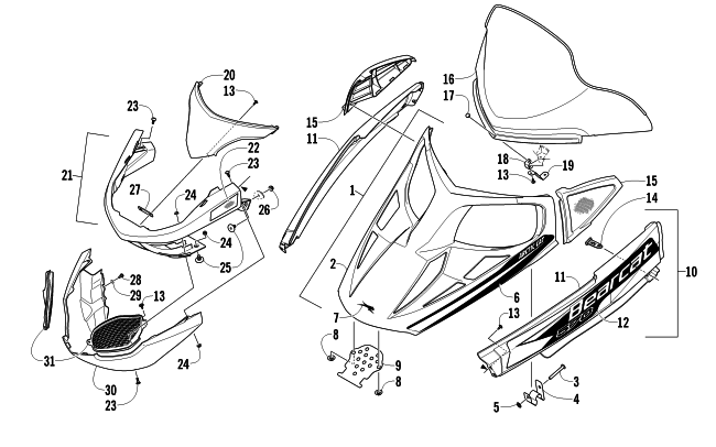 Parts Diagram for Arctic Cat 2011 BEARCAT 570 SNOWMOBILE HOOD, WINDSHIELD, AND FRONT BUMBER ASSEMBLY