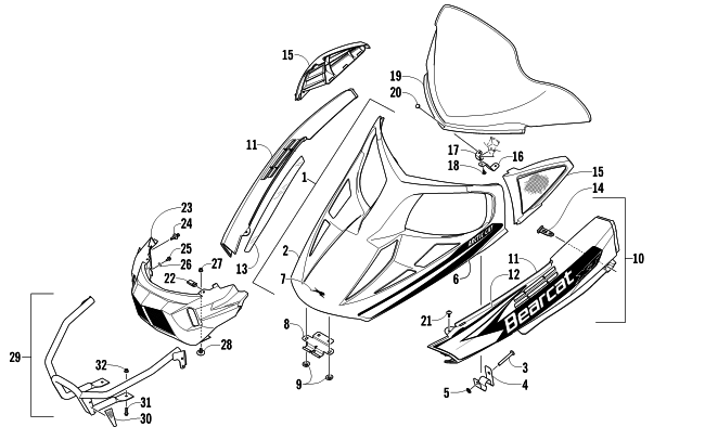 Parts Diagram for Arctic Cat 2011 BEARCAT 570 XT SNOWMOBILE HOOD, WINDSHIELD, AND FRONT BUMBER ASSEMBLY