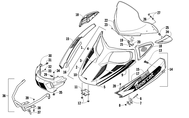 Parts Diagram for Arctic Cat 2011 BEARCAT Z1 XT SNOWMOBILE HOOD, WINDSHIELD, AND FRONT BUMPER ASSEMBLY