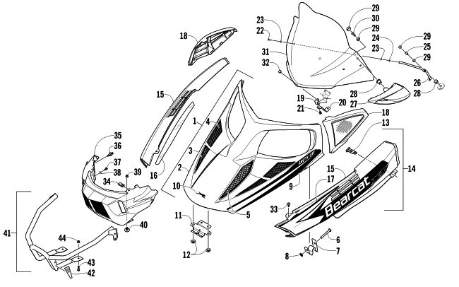 Parts Diagram for Arctic Cat 2011 BEARCAT Z1 XT LTD SNOWMOBILE HOOD, WINDSHIELD, AND FRONT BUMPER ASSEMBLY