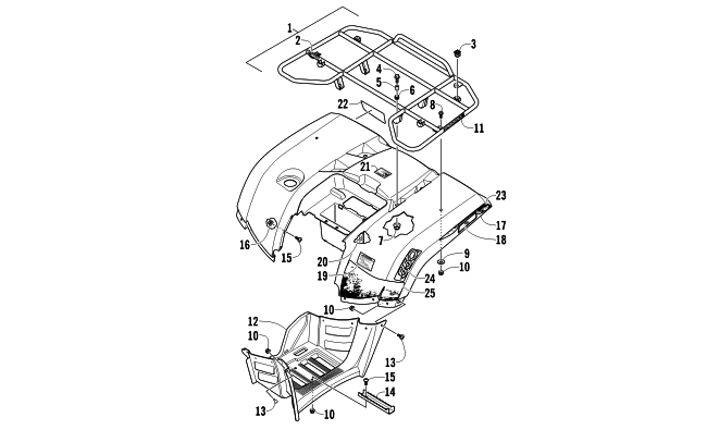 Parts Diagram for Arctic Cat 2011 550 H1 EFI ATV REAR RACK, BODY PANEL, AND FOOTWELL ASSEMBLIES
