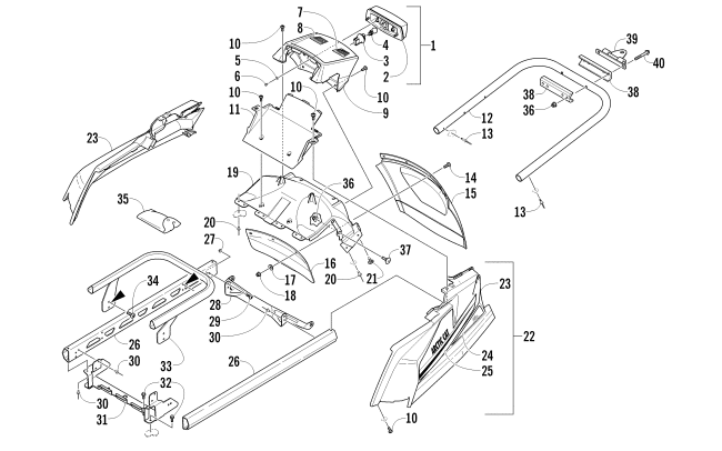 Parts Diagram for Arctic Cat 2011 BEARCAT 570 LTD SNOWMOBILE REAR BUMPER, HITCH, RACK RAIL, SNOWFLAP, AND TAILLIGHT ASSEMBLY