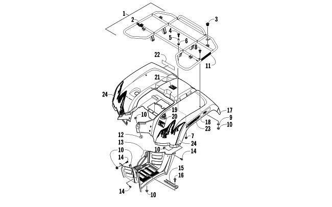 Parts Diagram for Arctic Cat 2011 700 H1 EFI MUD PRO ATV REAR RACK, BODY PANEL, AND FOOTWELL ASSEMBLIES