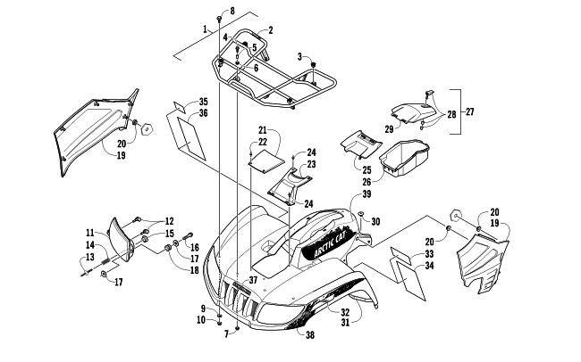 Parts Diagram for Arctic Cat 2011 700 H1 EFI ATV FRONT RACK, BODY PANEL, AND HEADLIGHT ASSEMBLIES