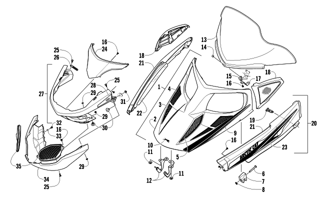 Parts Diagram for Arctic Cat 2011 TZ1 TOURING SNOWMOBILE HOOD, WINDSHIELD, AND FRONT BUMPER ASSEMBLY