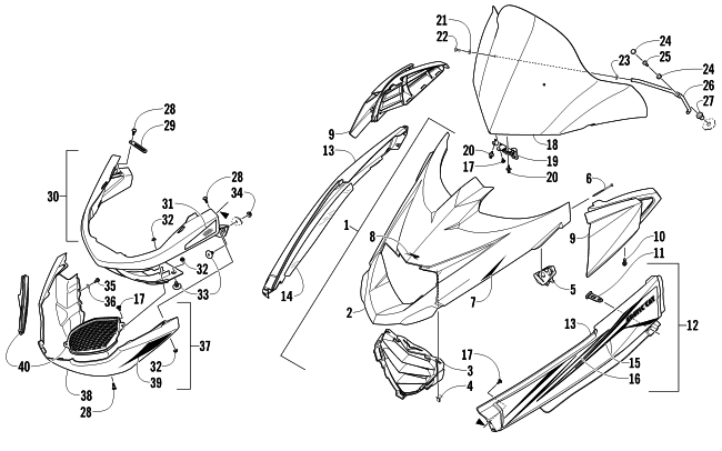 Parts Diagram for Arctic Cat 2011 Z1 TURBO LXR SNOWMOBILE HOOD, WINDSHIELD, AND FRONT BUMPER ASSEMBLY