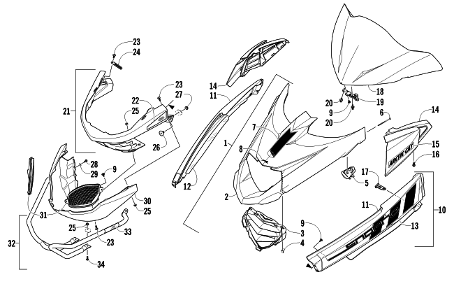 Parts Diagram for Arctic Cat 2011 Z1 TURBO LXR LTD SNOWMOBILE HOOD, WINDSHIELD, AND FRONT BUMPER ASSEMBLY