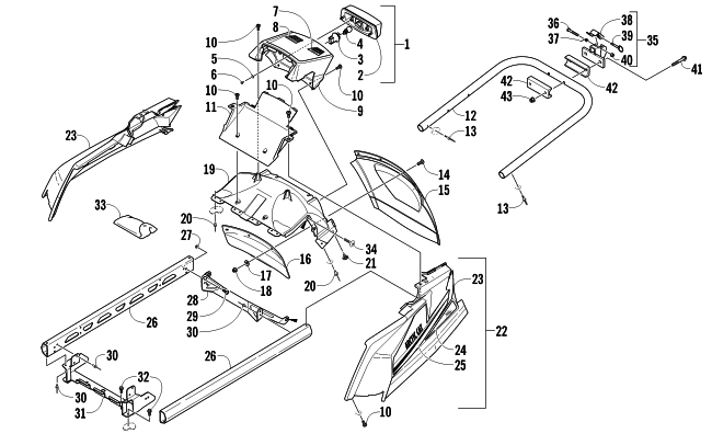 Parts Diagram for Arctic Cat 2011 TZ1 TOURING SNOWMOBILE REAR BUMPER, RACK RAIL, SNOWFLAP, AND TAILLIGHT ASSEMBLY