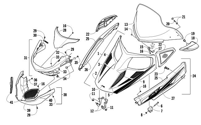 Parts Diagram for Arctic Cat 2011 TZ1 LXR LTD SNOWMOBILE HOOD, WINDSHIELD, AND FRONT BUMPER ASSEMBLY