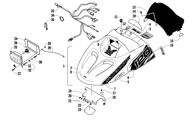 Parts Diagram for Arctic Cat 2011 AC 120 SNO PRO SNOWMOBILE HOOD, HEADLIGHT, AND WINDSHIELD ASSEMBLY