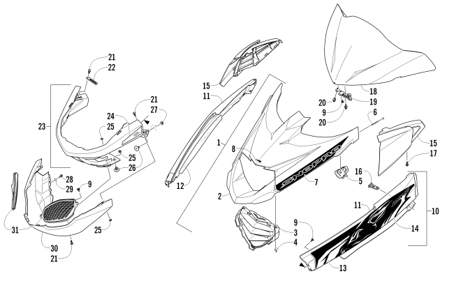 Parts Diagram for Arctic Cat 2011 Z1 TURBO SNO PRO SNOWMOBILE HOOD, WINDSHIELD, AND FRONT BUMPER ASSEMBLY