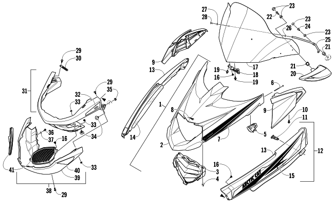 Parts Diagram for Arctic Cat 2011 TZ1 TURBO LXR LTD SNOWMOBILE HOOD, WINDSHIELD, AND FRONT BUMPER ASSEMBLY