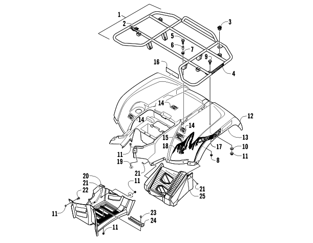 Parts Diagram for Arctic Cat 2011 1000 H2 EFI MUD PRO ATV REAR RACK, BODY PANEL, AND FOOTWELL ASSEMBLIES