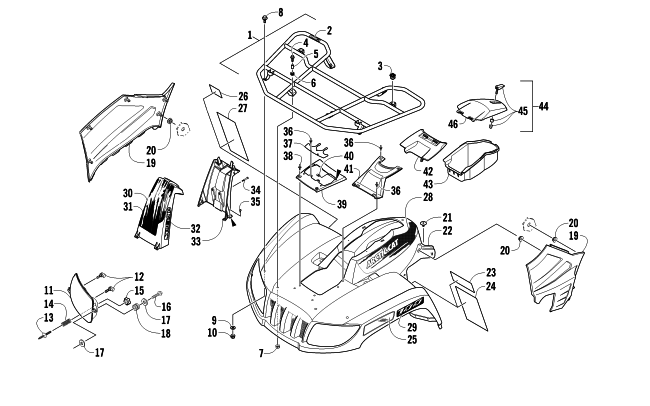 Parts Diagram for Arctic Cat 2011 700 H1 EFI MUD PRO ATV FRONT RACK, BODY PANEL, AND HEADLIGHT ASSEMBLIES