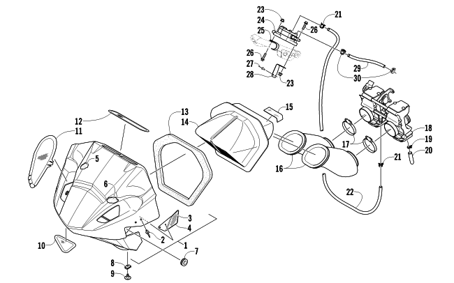 Parts Diagram for Arctic Cat 2011 ARCTIC CAT SNO PRO 600 SNOWMOBILE AIR SILENCER, CARBURETOR, AND FUEL PUMP ASSEMBLY