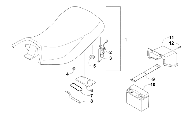 Parts Diagram for Arctic Cat 2012 300 2X4 UTILITY ATV SEAT, BATTERY, AND TOOL KIT ASSEMBLIES