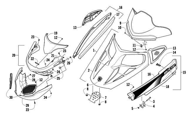 Parts Diagram for Arctic Cat 2012 F570 SNOWMOBILE HOOD, WINDSHIELD, AND FRONT BUMPER ASSEMBLY